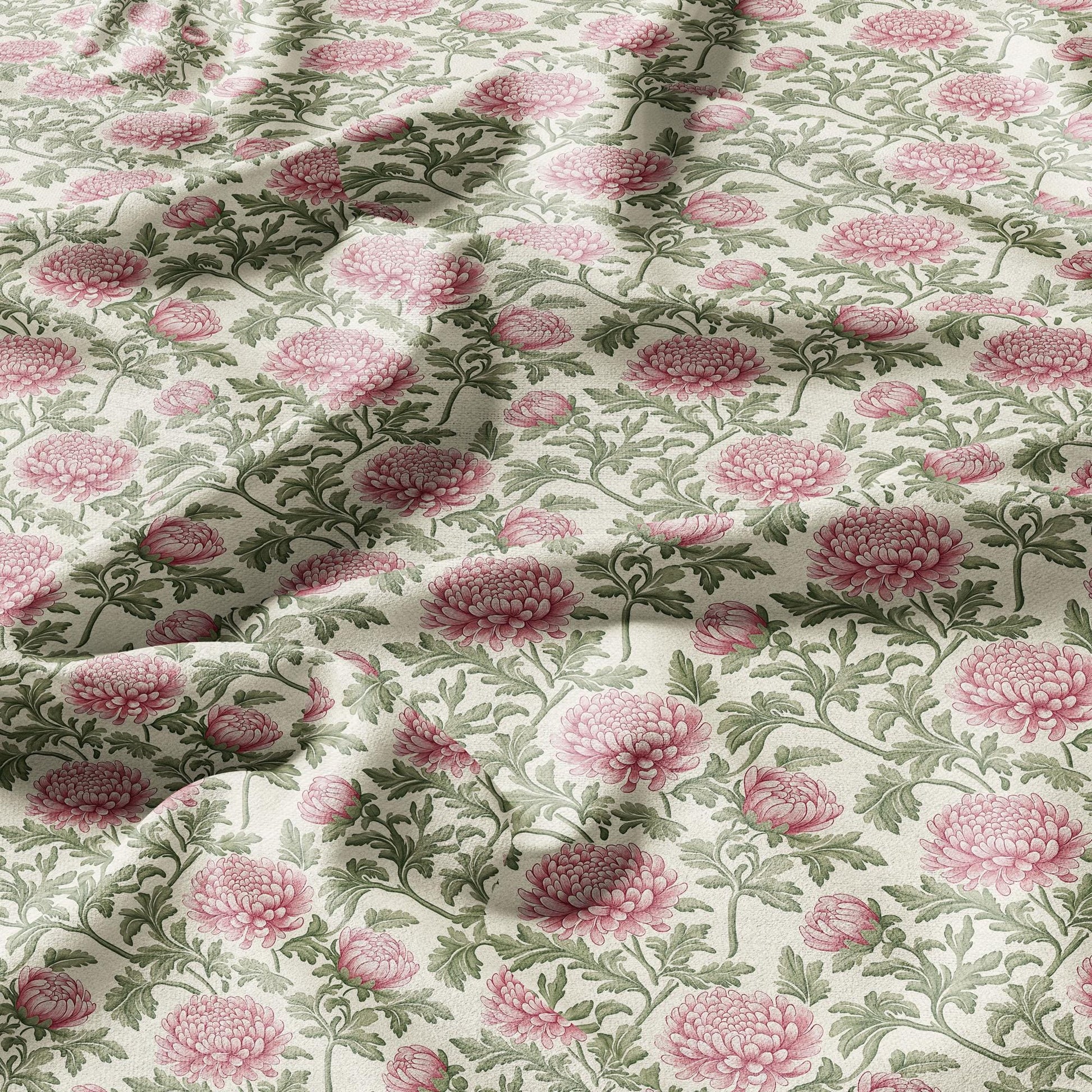 100% linen Chrysanthemum print - floral green red linen fabric Historical pattern for upholstery dress making curtains