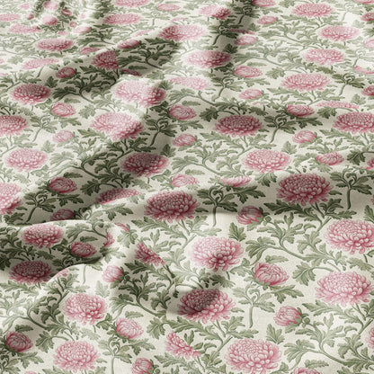 100% linen Chrysanthemum print - floral green red linen fabric Historical pattern for upholstery dress making curtains
