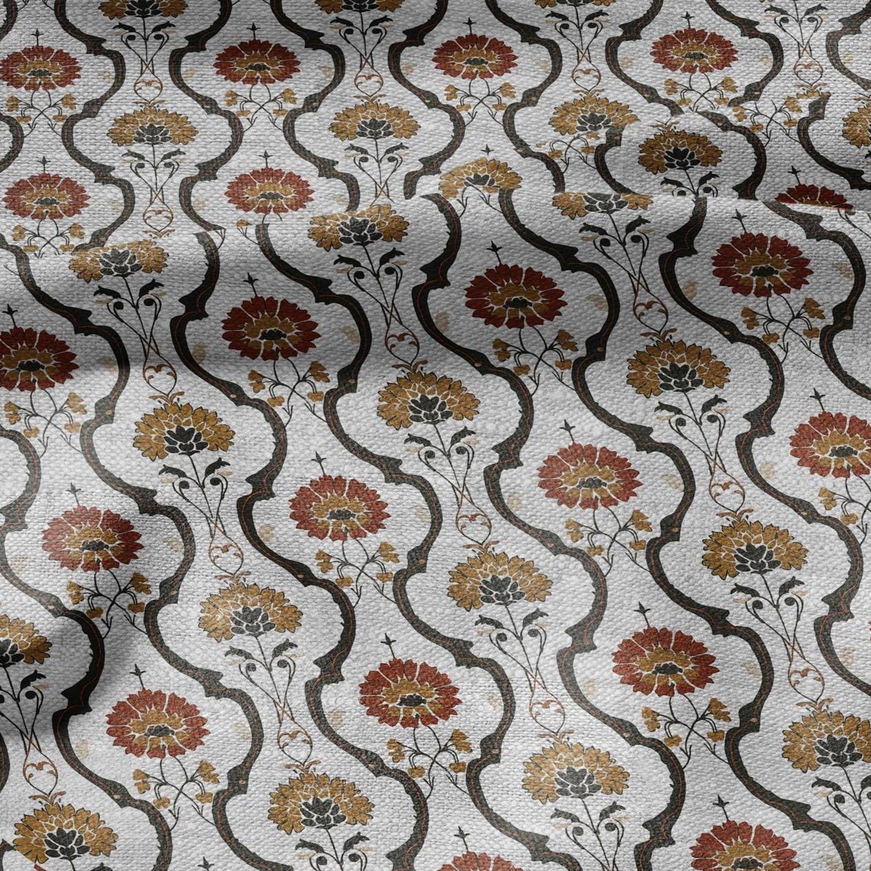 100% LINEN Fabric Retro orange green gray - floral print on oatmeal linen for home decor sewign dress clothing 2871