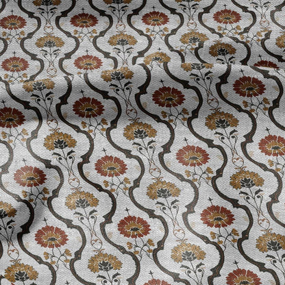 100% LINEN Fabric Retro orange green gray - floral print on oatmeal linen for home decor sewign dress clothing 2871