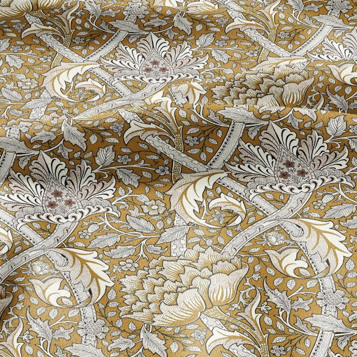 100% LINEN Fabric William Morris windrush mustard yellow print - British linen floral upholstery home textile Victorian fabrics 2735