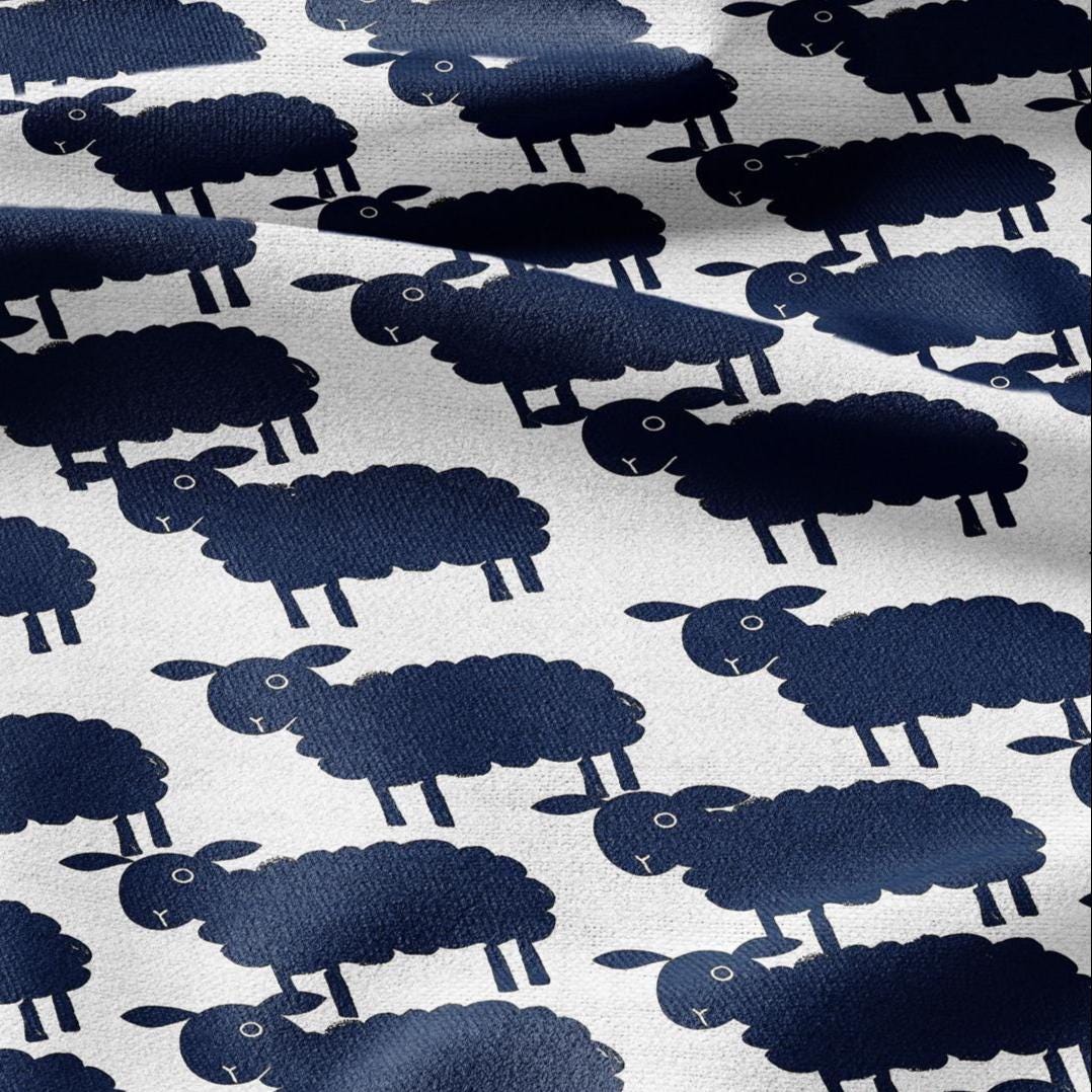 100% LINEN Fabric Block print  Sheep navy blue - animal upholstery home textile artisan fabrics green white 2361