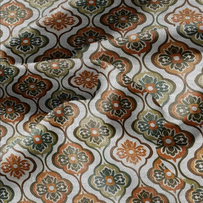 100% LINEN Fabric Retro orange green gray - floral print on oatmeal linen for home decor sewign dress clothing 2868