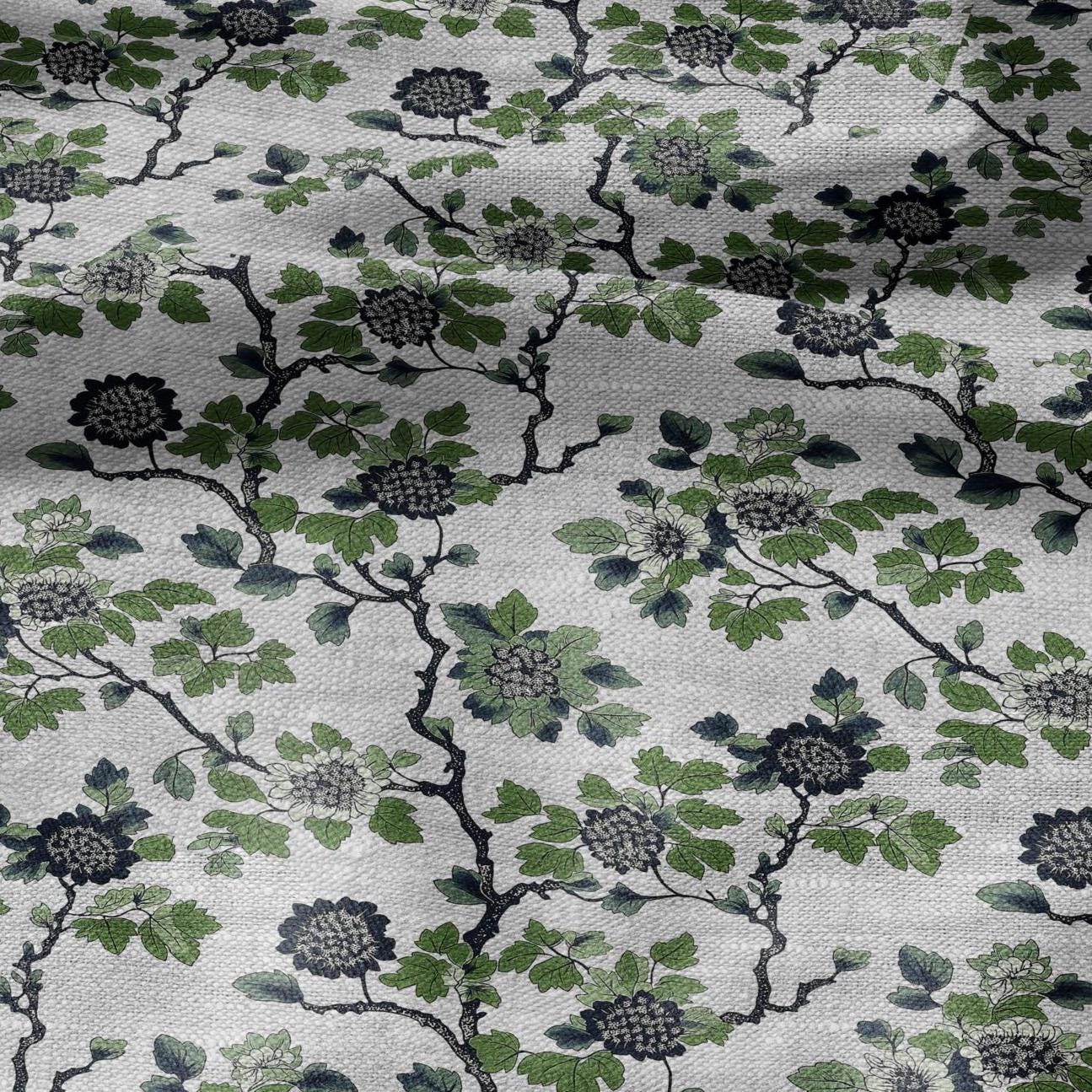 100% LINEN Fabric printgreen blue flower gray - oatmeal linen fabric with botanical print - heavy for home decor clothing 2918
