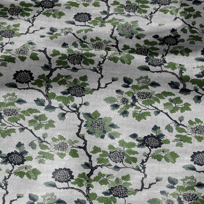 100% LINEN Fabric printgreen blue flower gray - oatmeal linen fabric with botanical print - heavy for home decor clothing 2918