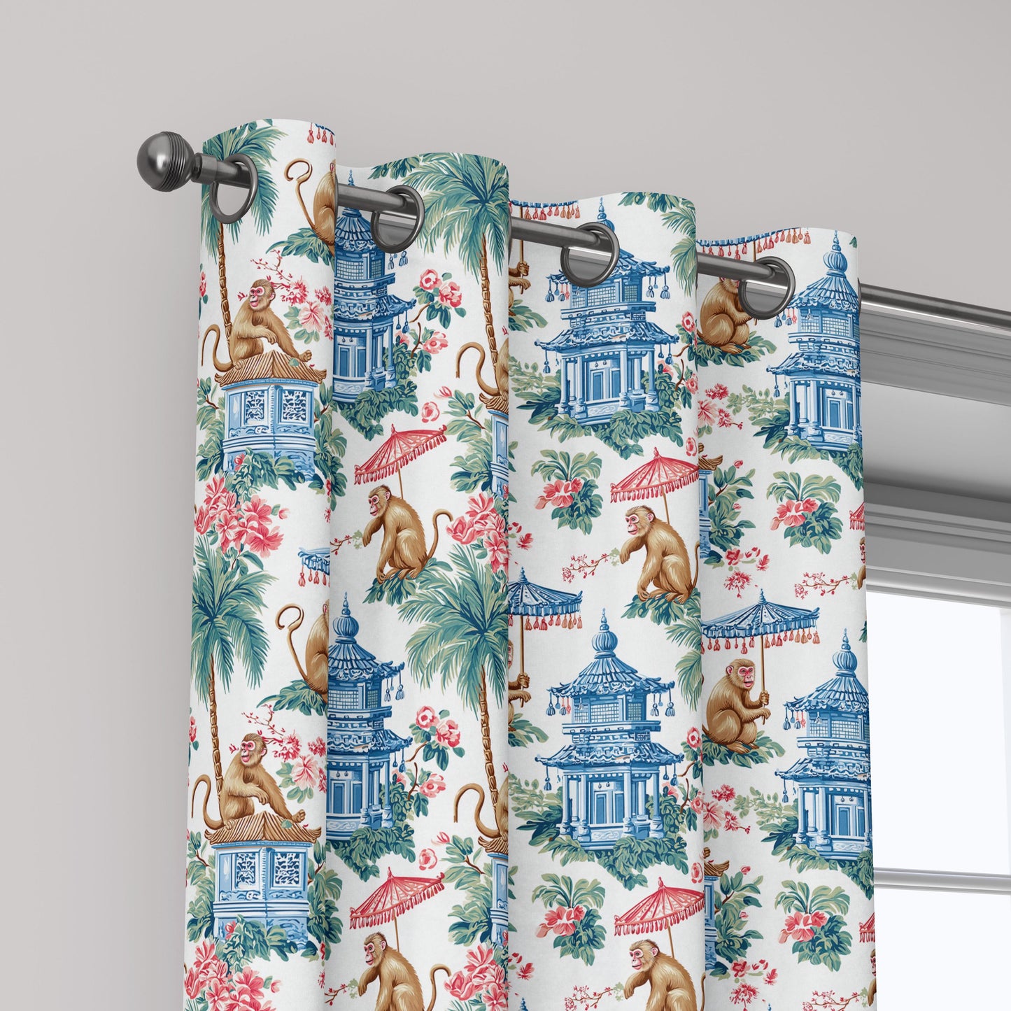 100% linen fabric Monkey with umbrella print - Vintage toile de jouy chinoiserie botanical  - Historical pagoda garden 3338