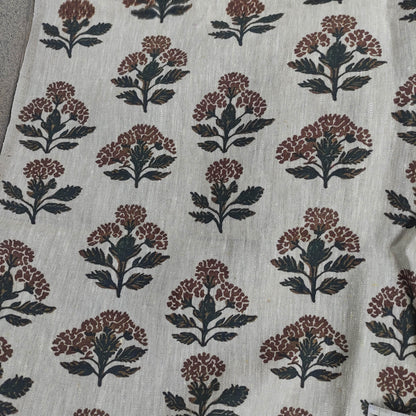 100% LINEN Fabric hand block print flowers - oatmeal linen fabric with black brown print Achillea - fabric for home decor upholstery