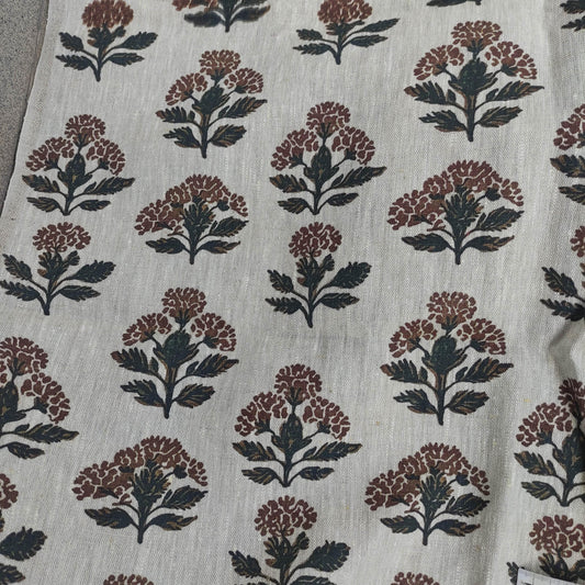 100% LINEN Fabric hand block print flowers - oatmeal linen fabric with black brown print Achillea - fabric for home decor upholstery