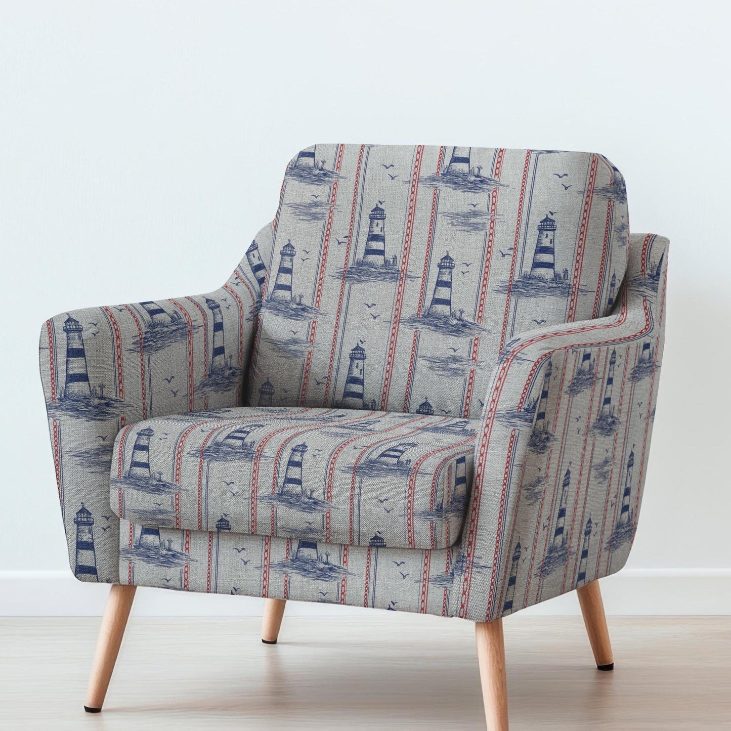 100% LINEN Fabric UPHOLSTERY 12oz - lighthouse blue red print on linen - Modern vintage Victorian coastal marine upholstery 2777