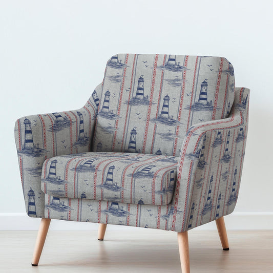 100% LINEN Fabric UPHOLSTERY 12oz - lighthouse blue red print on linen - Modern vintage Victorian coastal marine upholstery 2777