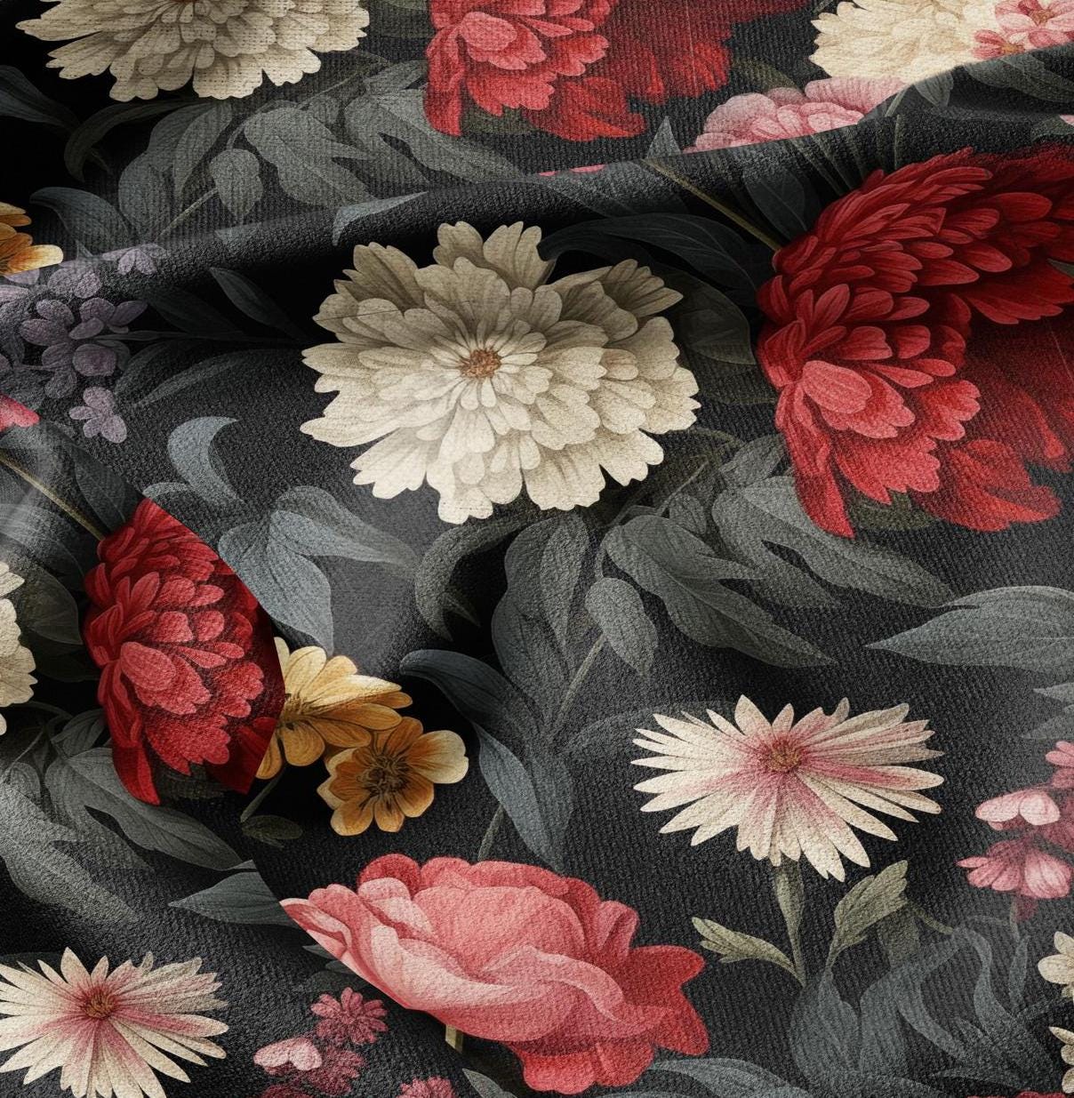 100% linen baroque floral print - floral red linen fabric Historical pattern for upholstery dress making curtains