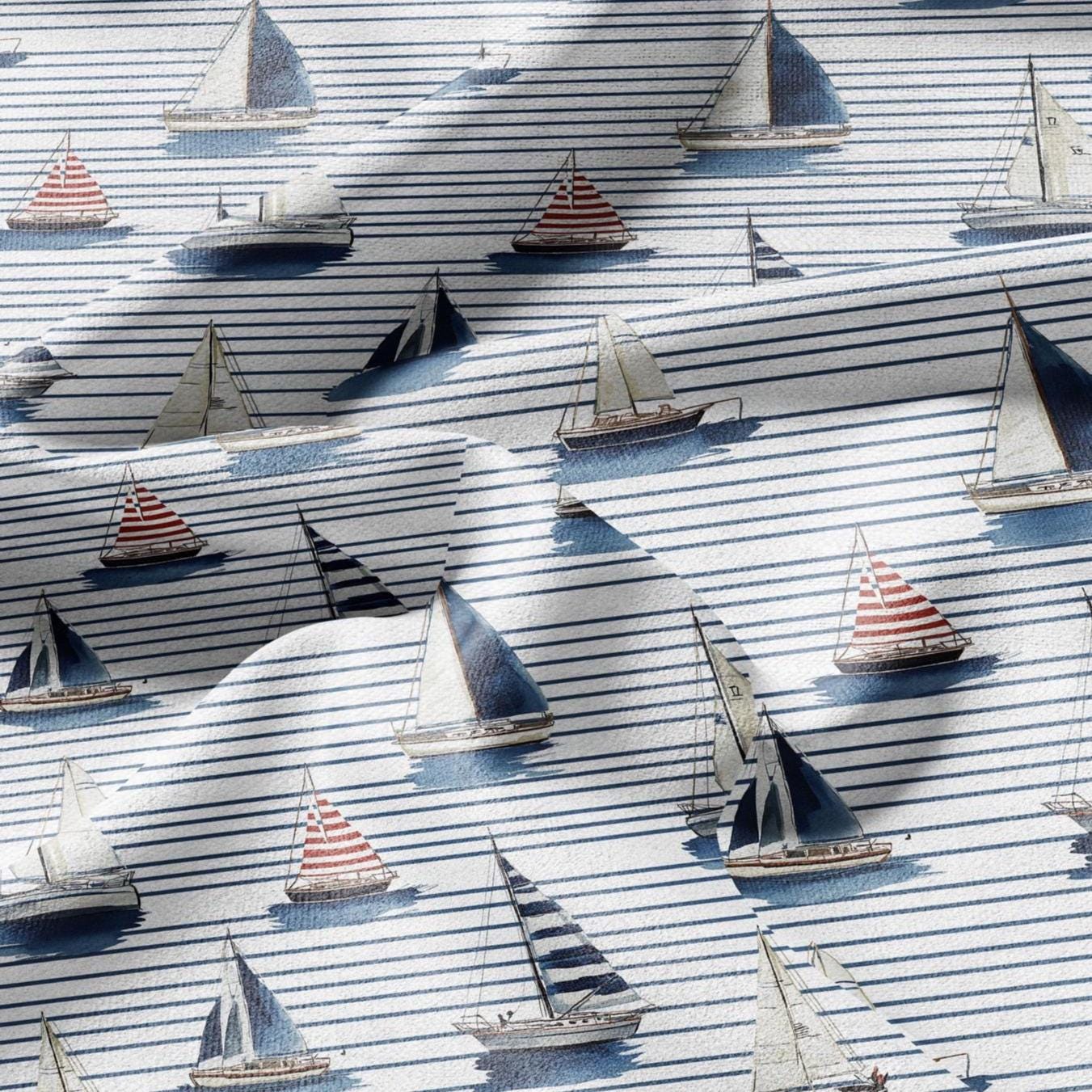 100% LINEN Fabric Ships in sea print linen - coastal fabric for upholstery home decor dress making 2888