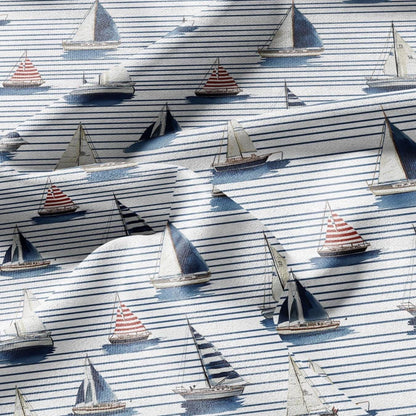 100% LINEN Fabric Ships in sea print linen - coastal fabric for upholstery home decor dress making 2888