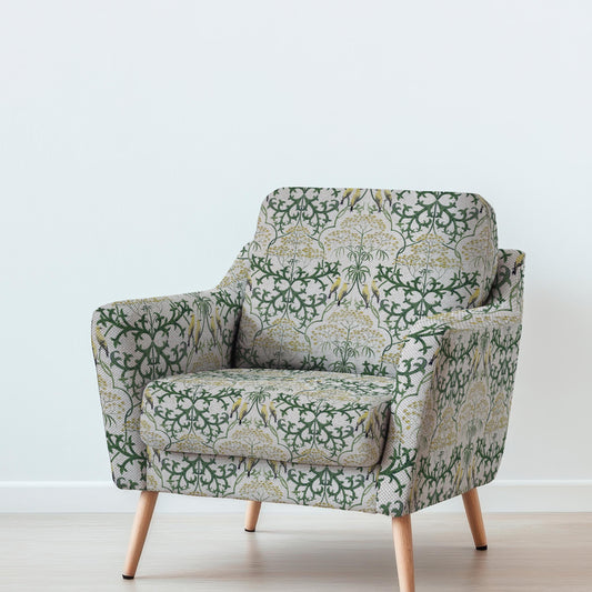 100% LINEN Fabric UPHOLSTERY 12oz - Voysey Yellow birds Tansy flower on oatmeal linen - Modern vintage historical British floral 3003