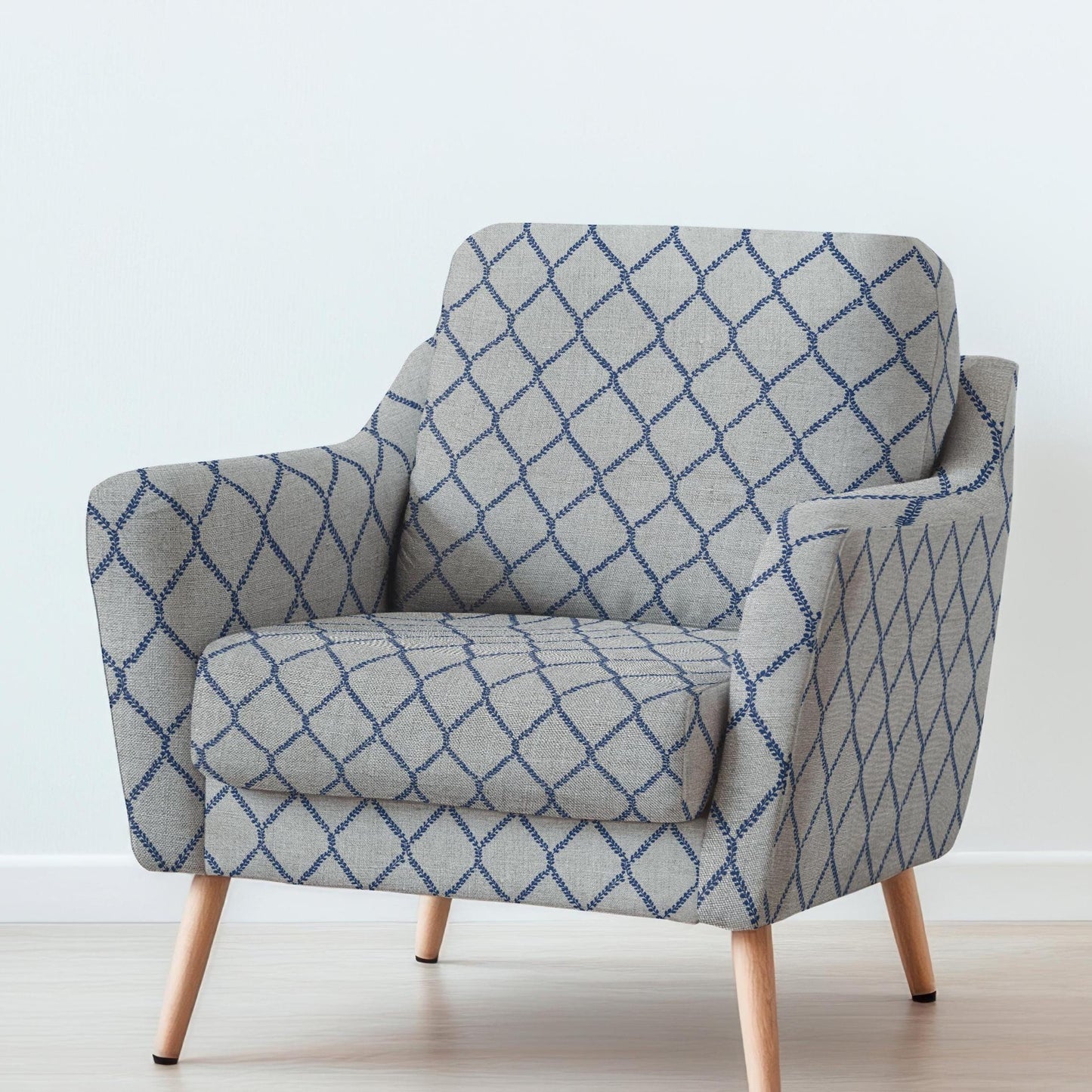 100% LINEN Fabric UPHOLSTERY 12oz - Blue trellis on natural taupe grey linen - Modern vintage Grandmillenial floral upholstery 2949