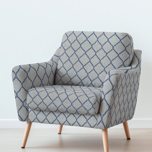 100% LINEN Fabric UPHOLSTERY 12oz - Blue trellis on natural taupe grey linen - Modern vintage Grandmillenial floral upholstery 2949