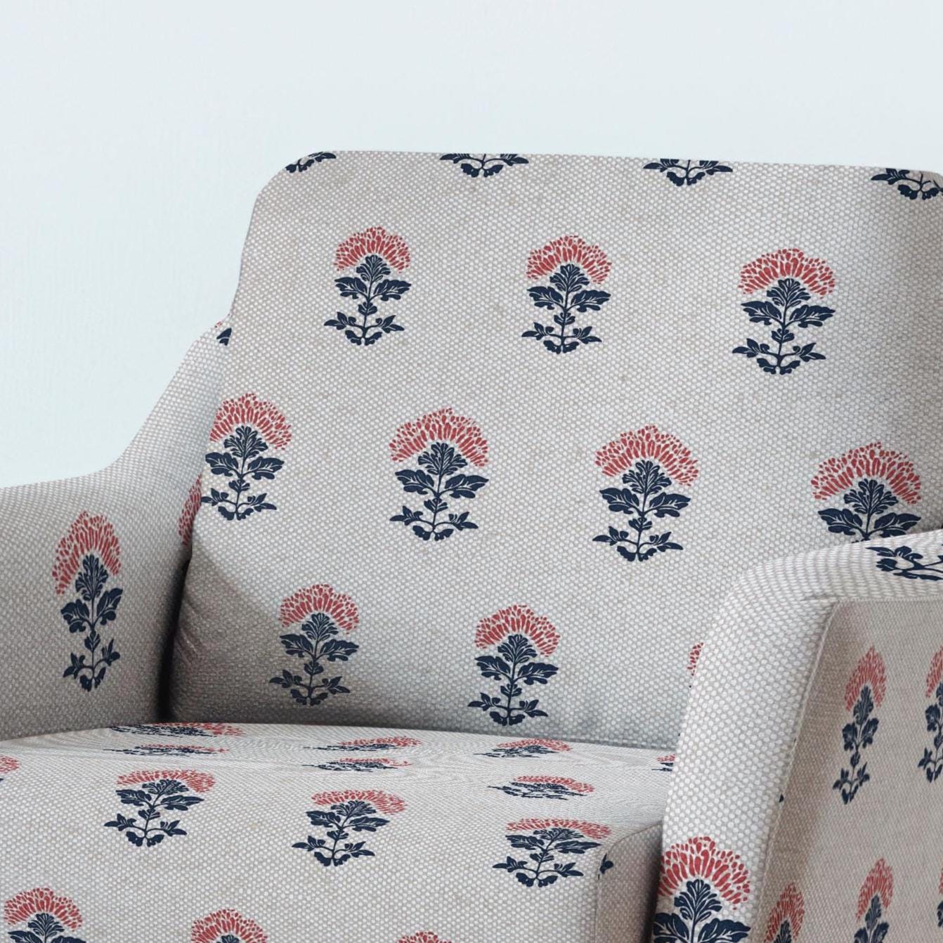 100% LINEN Fabric UPHOLSTERY 12oz - indigo blue red block print on oatmeal linen - Modern vintage Victorian floral indian upholstery 2536