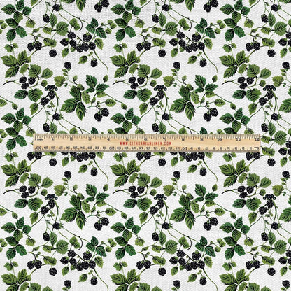 100% LINEN Fabric UPHOLSTERY 12oz - Blackgerry greenery berry print on linen 2600