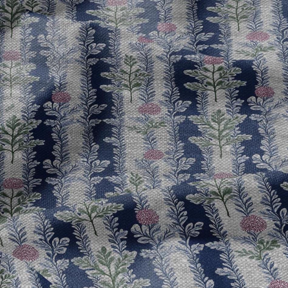 100% LINEN Fabric blue floral blossom print - oatmeal linen fabric with stripe botanical print - modern vintage 3092