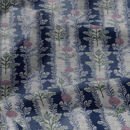 100% LINEN Fabric blue floral blossom print - oatmeal linen fabric with stripe botanical print - modern vintage 3092