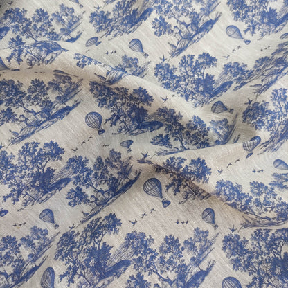 100% LINEN Fabric Toile de Jouy with air Balloon, oatmeal natur linen fabric with blue indigo  print, coastal French linen fabric upholstery