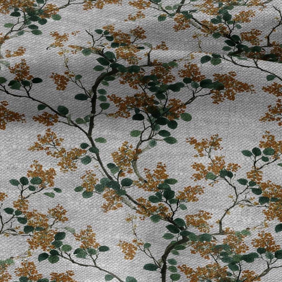 100% LINEN Fabric yellow mimosa blossom print - oatmeal linen fabric with floral botanical print - modern vintage 3057