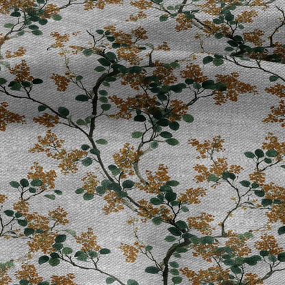 100% LINEN Fabric yellow mimosa blossom print - oatmeal linen fabric with floral botanical print - modern vintage 3057