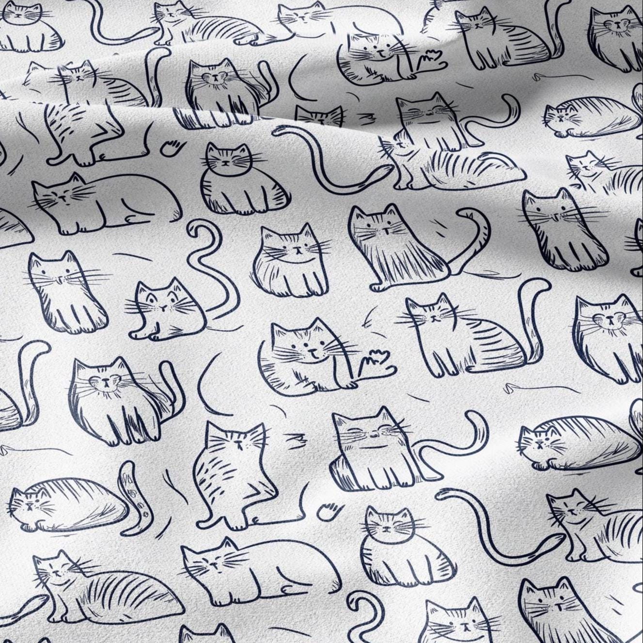 100% LINEN Fabric Cat print - Animal Modern vintage blue - upholstery curtains dress making 2140