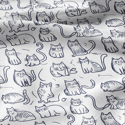 100% LINEN Fabric Cat print - Animal Modern vintage blue - upholstery curtains dress making 2140