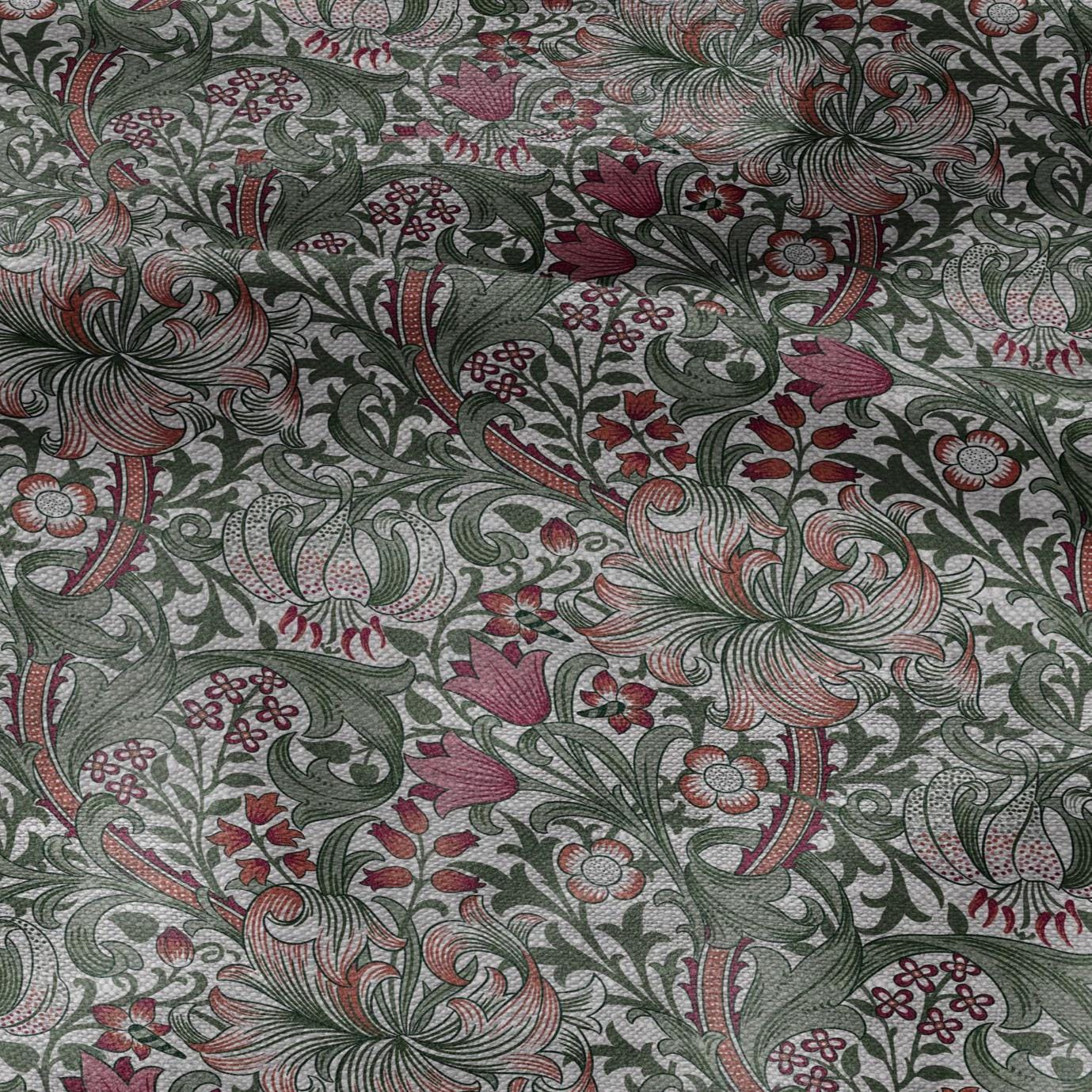 100% LINEN Fabric William Morris Golden Lily - oatmeal linen fabric with botanical print - Victorian Art Craft Historical green red 3230