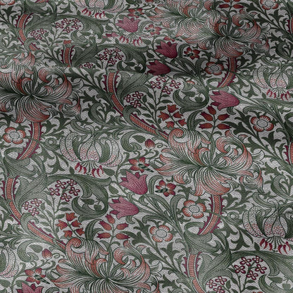 100% LINEN Fabric William Morris Golden Lily - oatmeal linen fabric with botanical print - Victorian Art Craft Historical green red 3230