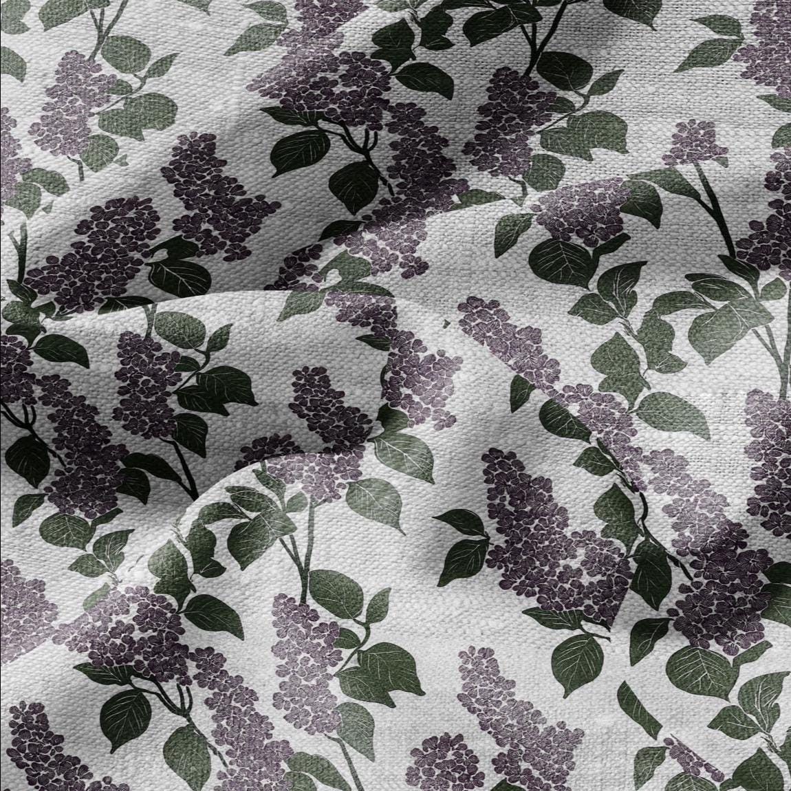 100% LINEN Fabric print lilac flower print - oatmeal linen fabric floral botanical - heavy for home decor clothing 2355