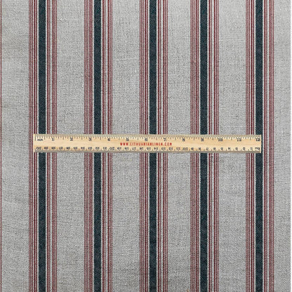 100% LINEN Fabric UPHOLSTERY 12oz - Belgian red ticking stripe on natural taupe grey linen - Modern vintage Grandmillenial upholstery 2969