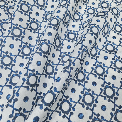 100% LINEN Fabric block print indigo blue on white - linen fabric with blue floral print  heavy linen fabric for upholstery home decor