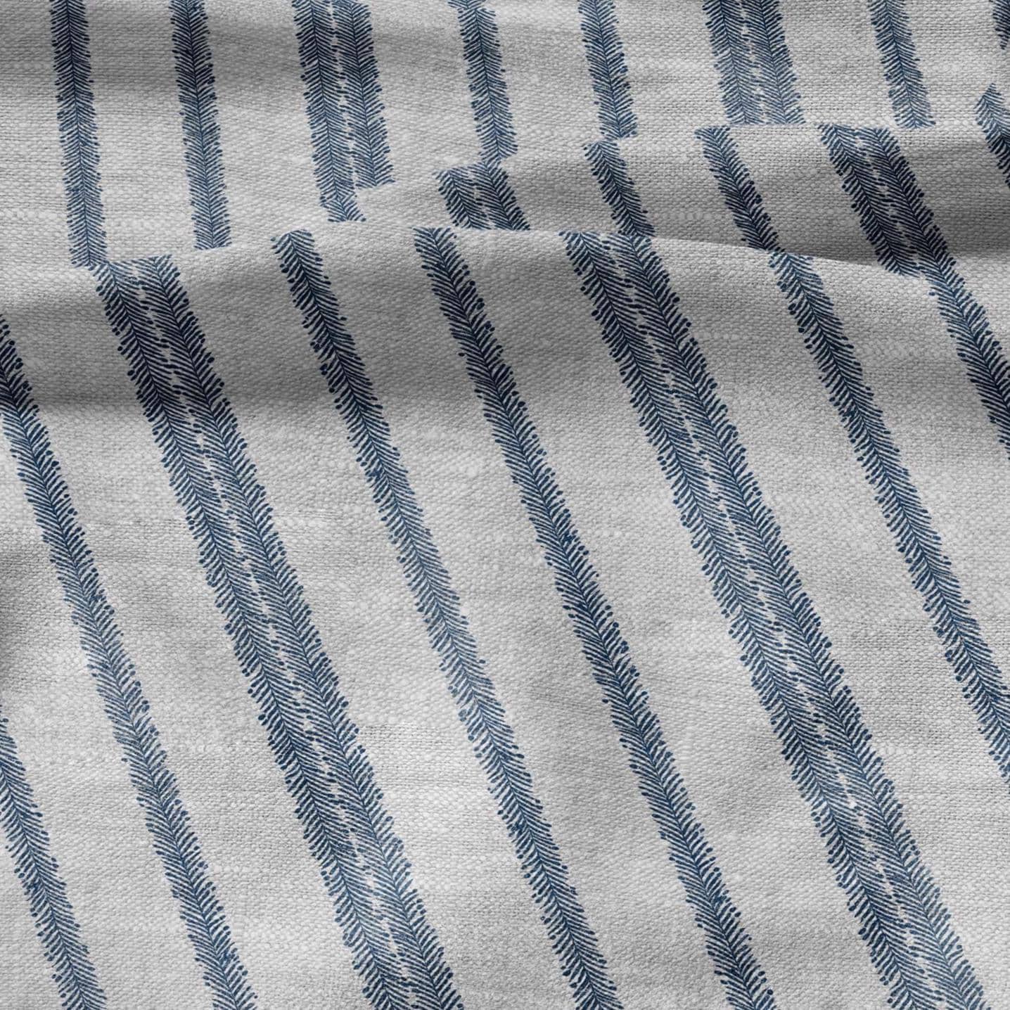 100% LINEN Fabric block print stripe floral blue green on grey - oatmeal linen fabric with botanical print for upholstery home decor 3089
