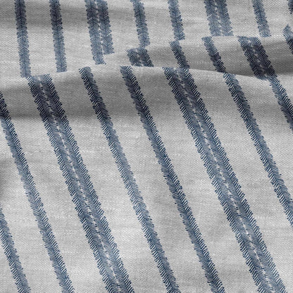 100% LINEN Fabric block print stripe floral blue green on grey - oatmeal linen fabric with botanical print for upholstery home decor 3089