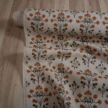 100% LINEN Fabric block print on oatmeal natur linen fabric with yellow floral print, heavy linen fabric for upholstery home decor