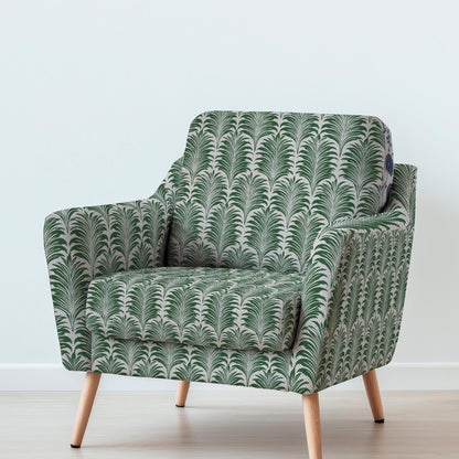 100% LINEN Fabric UPHOLSTERY 12oz - green palm leaves block print on oatmeal linen - Modern vintage Victorian floral upholstery 2306