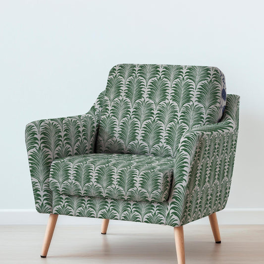 100% LINEN Fabric UPHOLSTERY 12oz - green palm leaves block print on oatmeal linen - Modern vintage Victorian floral upholstery 2306