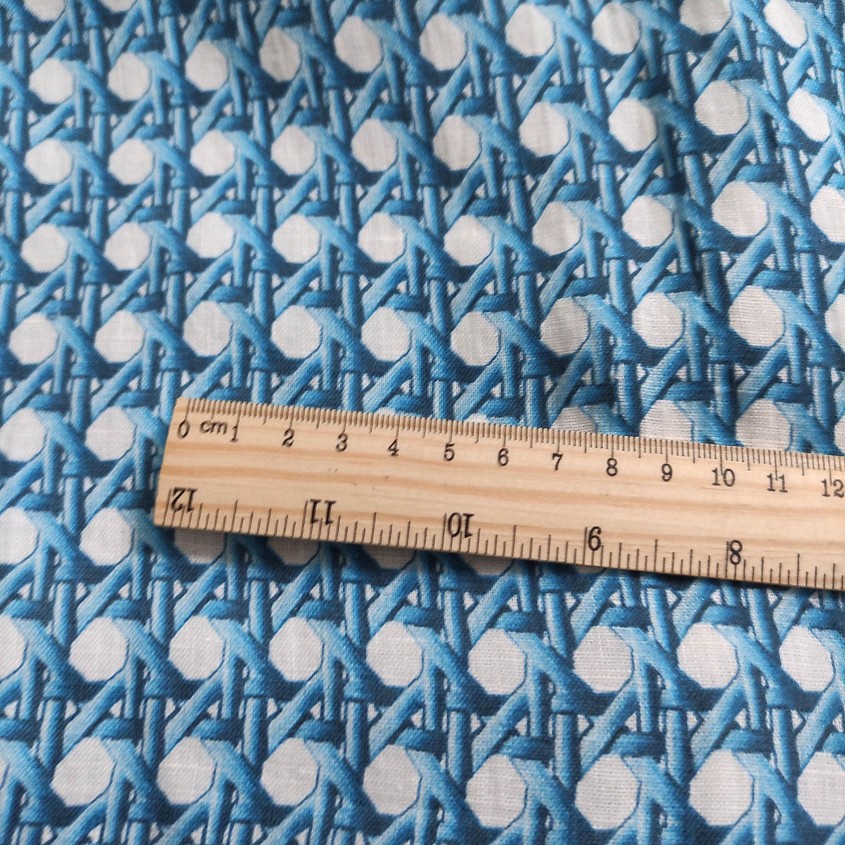 100% LINEN Fabric Blue bamboo trellis - botanical textile artisan fabrics blue white 3687