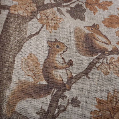100% LINEN Fabric Toile de Jouy with Squirrel in forest - fabric brown print upholstery curtains dress making Nursery sewing