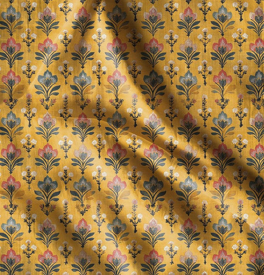 100% LINEN Fabric block print, oatmeal natur linen fabric with mustard floral print, heavy linen fabric for upholstery home decor