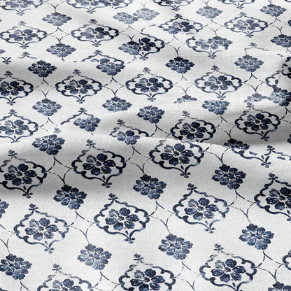 100% LINEN Fabric Greek blue flower print on white linen - Floral print flax fabric for uphlstery heavy / medium for clothing 2574