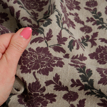 100% linen Retro Maroon flower Print fabric for Curtain Upholstery Cushion - Floral  - for dress making sewing 2262