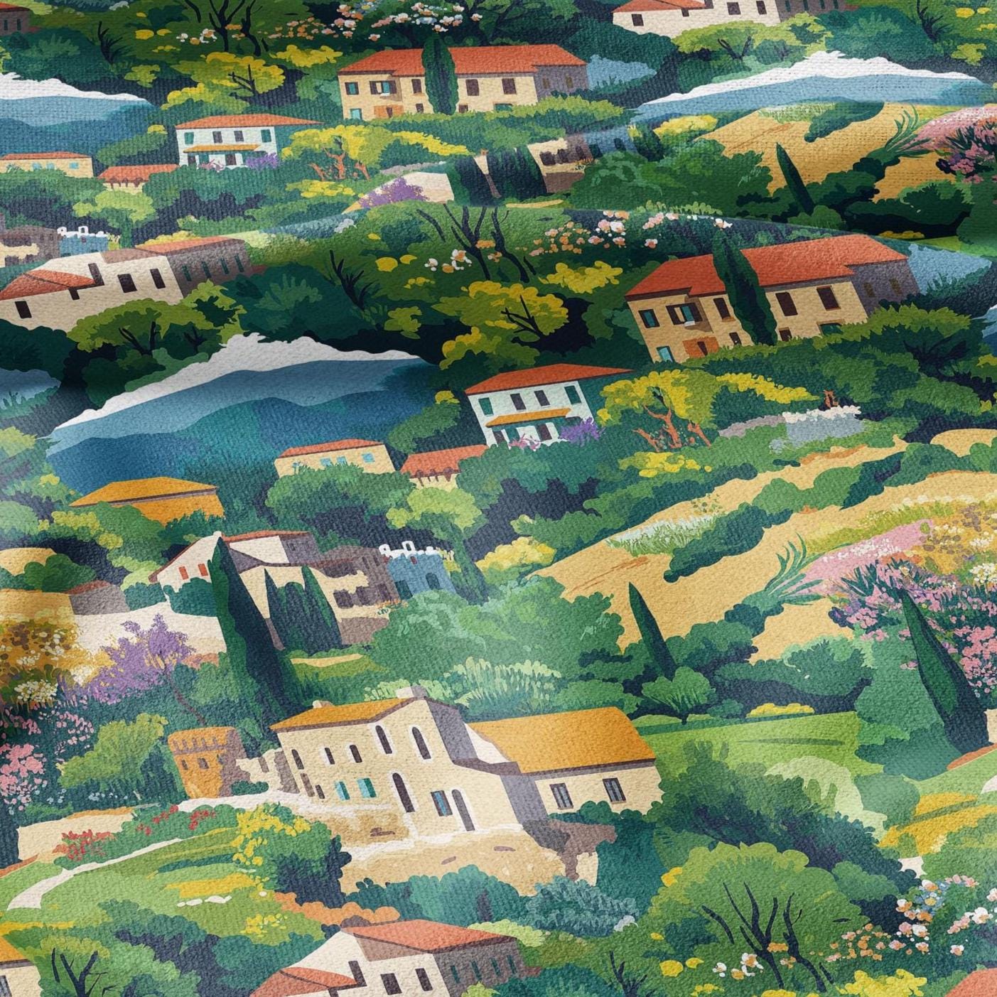 100% LINEN Fabric Catalonia Landscape - town city scenery print - heavy linen fabric for upholstery home decor 2920