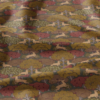 100% linen Deer prints fabric for Curtain Upholstery Cushion - Autumn trees print fabric for dress making sewing
