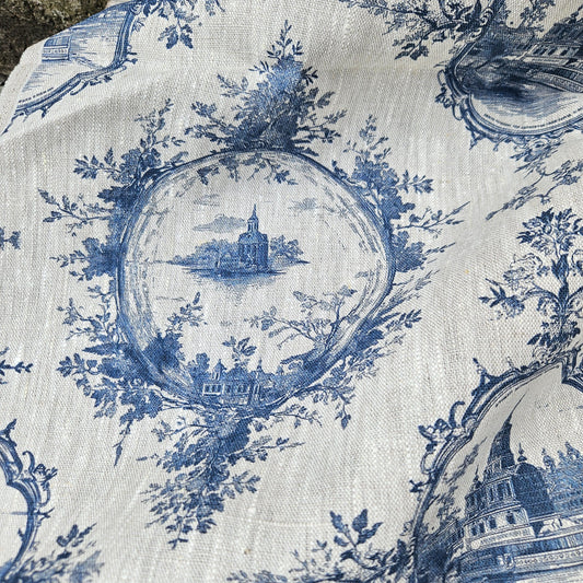 100% LINEN Fabric Toile de jouy Castle  -  Medalion floral print on oatmeal linen for home decor sewing dress clothing 2635