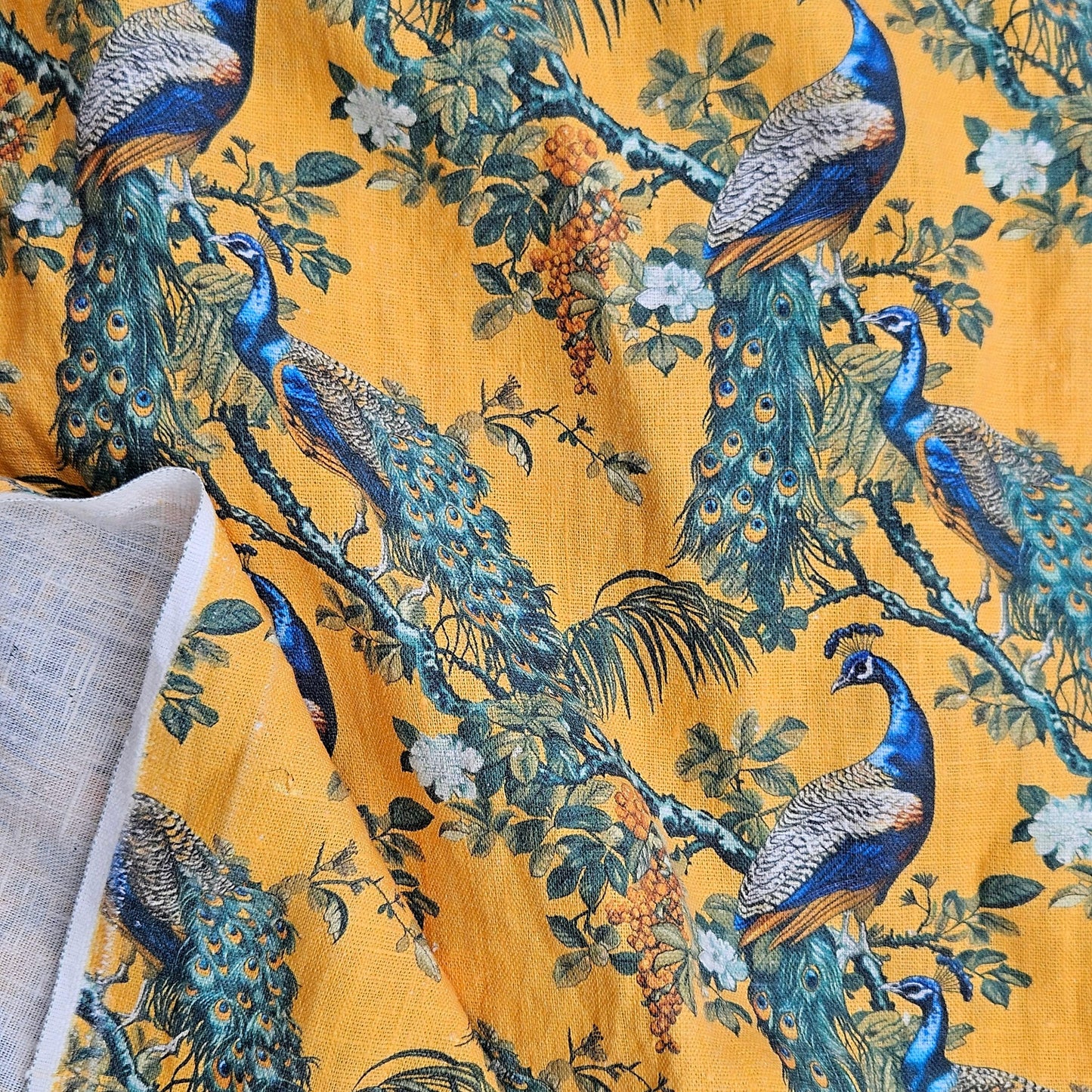 100% LINEN Fabric oriental print with peacock - toile de jouy botanical mustard yellow - upholstery home decor clothing  sewing 316