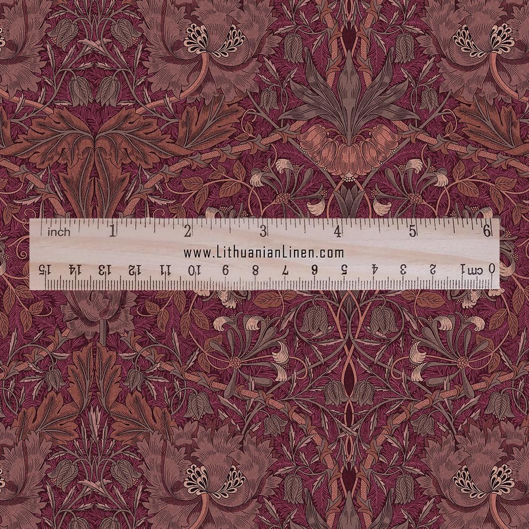 100% linen fabric William Morris Honeysuckle red print - Victorian Art crafts - Historical pattern fabric upholstery dress making 2979R