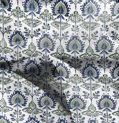 100% LINEN Fabric block print, linen fabric with indian blue floral print, heavy linen fabric for upholstery home decor